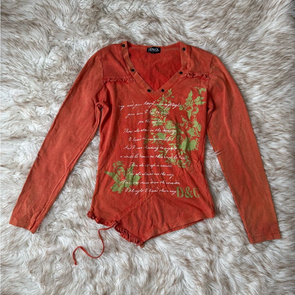 Dolce & Gabbana Orange Long Sleeve V-Neck Tee with Green Floral Print